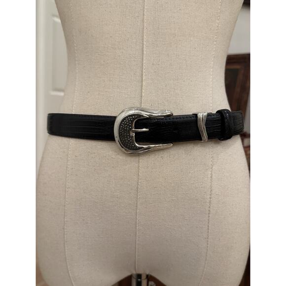 Judith Jack 1990s Black Leather Marcasite Buckle Belt MED Silvertone Western - Picture 1 of 16